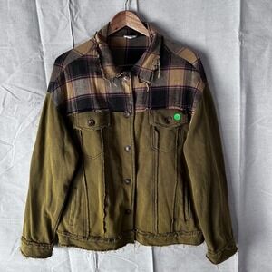 POL Mens Olive Green Plaid Raw Hem Button Up Jacket YKJ9 Small